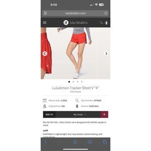 Lululemon Tracker Short V *4" size 6